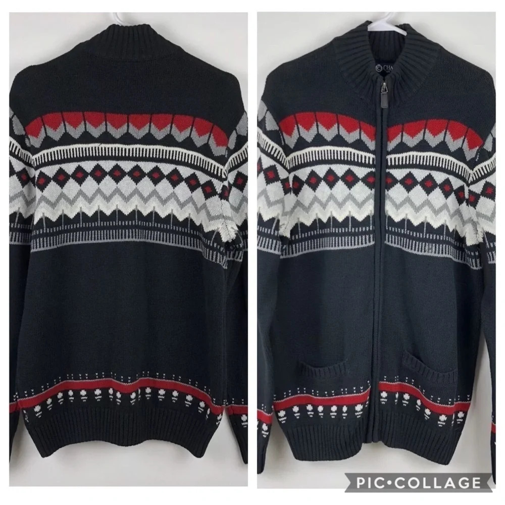 New‎ Chaps Zip Front Cardigan Sweater Chevron Ski M
